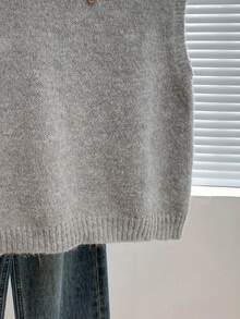 女士圆领罗纹针织无袖常规春季毛衣背心，灰色针织上衣，略带弹性，休闲百搭 - 灰色 - 查看 5