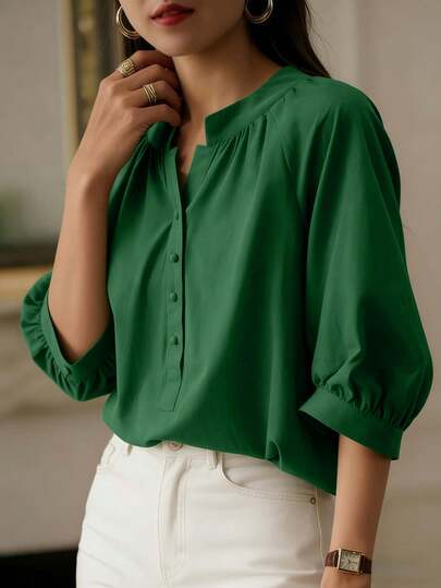 Women's Fashionable Henley Neck 3/4 Sleeve Regular Fit Blouse, Made Of Non-Stretch Woven Fabric With Button Detail