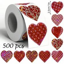 500pcs/Roll Red Laser Heart Graffiti Stickers, 1 Inch 8 Designs, Suitable For Valentine's Day, Birthday, Wedding, Holiday Party, Gift Wrapping, DIY, Scrapbooking, Envelope Sealing - Multicolor - View 1