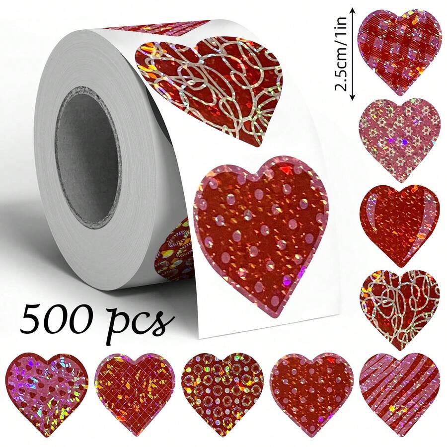 500pcs/Roll Red Laser Heart Graffiti Stickers, 1 Inch 8 Designs, Suitable For Valentine's Day, Birthday, Wedding, Holiday Party, Gift Wrapping, DIY, Scrapbooking, Envelope Sealing - Multicolor - View 1