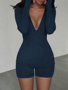 Vaiaye Women's Deep V Solid Color Minimalist Jumpsuit - Fitted Long Sleeve Top And Shorts, Suitable For Fitness, Sexy Multifunctional Outdoor Sports, Graduation Ceremony, Back To School Season, Spring/Summer Long Sleeve Ribbed Knit Jumpsuit - Navy Blue - View 2