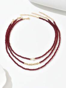 Bộ 3 dây chuyền sang trọng, bất đối xứng, màu đỏ tía đính hạt và ngọc trai giả, đa năng, phù hợp cho nữ giới đeo hàng ngày, đi chơi, dự tiệc, lễ hội âm nhạc, làm quà tặng ngày Valentine. - Màu Đỏ Sâu - Xem 5