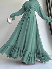 穆斯林荷叶边连衣裙 春季 - 青碧色 - 查看 2