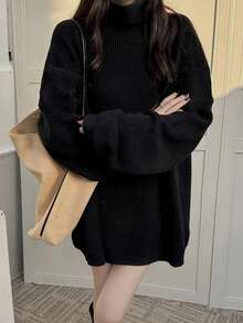 Women's Turtleneck Loose Solid Color Casual Sweater Black - Black - View 3