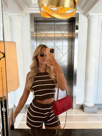 Joy Knit Women's Spring/Summer Fashion Sets - Summer Holiday Outfits - Spring Outfits For Women - Simple, Casual, Stylish, Versatile - Casual Blouses For Women - Valentine's Day Outfit - Simple, Casual, Stylish, Versatile Striped Vacation Style Round Neck Knit Vest - Elastic Waist Shorts Set, Suitable For Everyday Outings - Beach Outfits For Women - Going Out Tops For Women - Vacation Outfits For Women