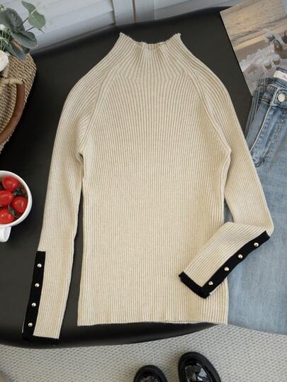 Women's Turtleneck Sweater, Apricot Color Block Design, Long Sleeve Knit Top With Metal Button Decor, Warm Base Layer For Commuting And Daily Wear, Early Spring