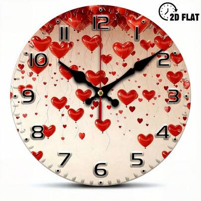 1pc 2D Flat Romantic Red Love Heart Balloon Design 10inch Silent Wood Grain Round Wall Clock |   Battery Powered (AA Batteries Not Included) - Suitable For Living Room, Bedroom, Kitchen - Aesthetic Home Office Decoration