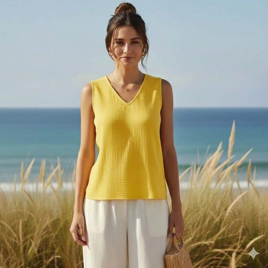 Women's Tank Top With Wide Straps, Duna Fabric - Yellow - View 1