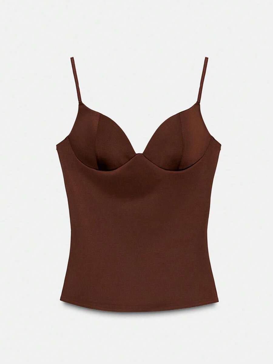 亮面针织吊带背心，性感吊带上衣，适合约会、外出、四季穿着，女士棕色细肩带吊带背心，奢华，夏季，春季，海滩，外出上衣，毕业典礼，优雅，休闲，背心和吊带衫 - 棕色 - 查看 1