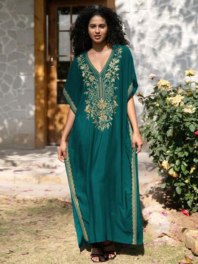 Elegant Women Gold Embroidered Kaftan Dress V Neck Loose Fit Maxi Caftan Bohemian Lounge Wear 2026 Spring/Summer Resort Beachwear Swimsuit Cover Up Robe