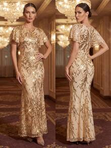 EVERPRETTY Đầm dạ hội nữ thanh lịch và quyến rũ, xẻ tà cao, xếp ly, đính sequin vàng, thích hợp cho các buổi dạ tiệc, tiệc tùng, sự kiện trang trọng, các dịp bán trang trọng, đám cưới, tiệc mùa xuân. - Vàng - Xem 3