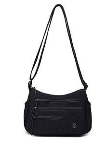 1pc Men's Nylon Square Crossbody Bag, With Adjustable Shoulder Strap, Scratch-Resistant And Durable, Can Hold Passport, Cash, ID, Credit Cards, Lightweight And Portable, Suitable For Commuting/Casual Outings, Solid Color Chain Decor - Black - View 6