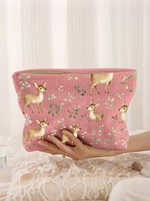 Sac cosmétique thème cerf et feuille - Motif cerf et feuille, pochette zippée en polyester, organisateur de toilette de voyage, sac zippé léger, cadeau parfait pour les amateurs de beauté, sœurs, étudiants et adultes, sac à maquillage à motif aléatoire - Voir 5