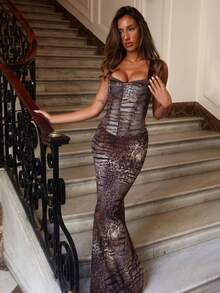 性感豹纹开衩修身鸡尾酒礼服，圣诞派对礼服，吊带派对礼服，春季婚礼礼服 - 棕色 - 查看 1