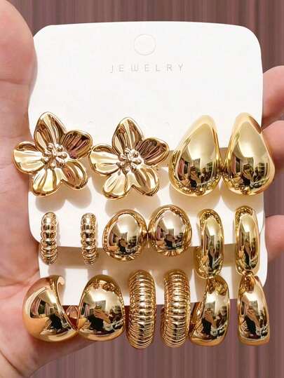 Juego de 4/16 pendientes con baño de oro - Presenta intrincados aros en forma de C con diseños florales y de volantes, combinados con pendientes de cúpula brillante y lágrima, un versátil juego de pendientes para mujer para uso diario y fiestas