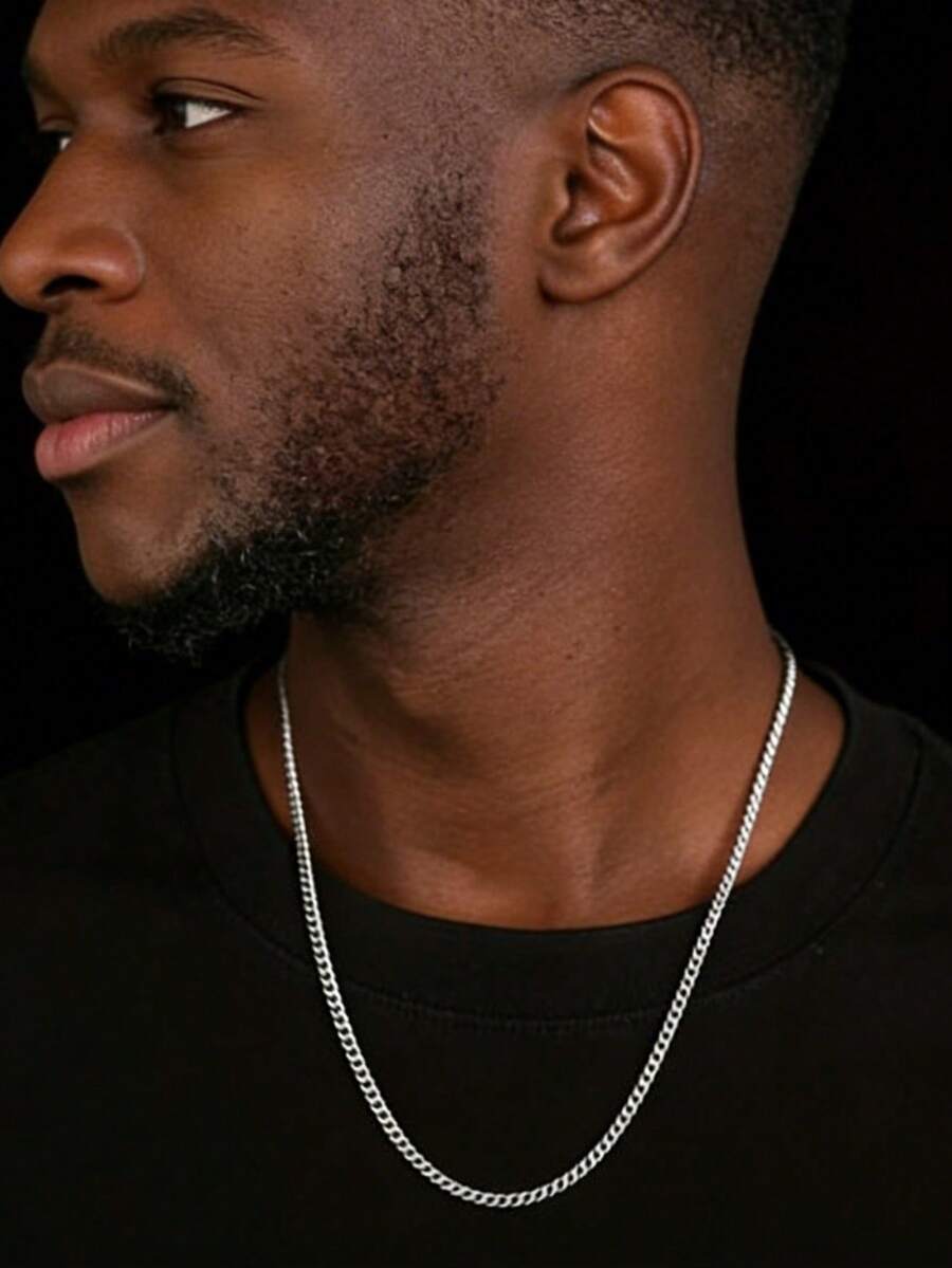 1pc Stainless Steel Men's Necklace, Minimalist Solid Chain Necklace, 3mm Width Side Chain Necklace, Everyday Wear For Men
