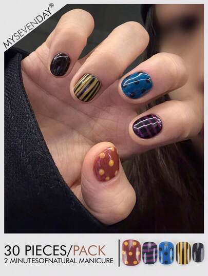 30 Pieces Press On Nails Short Oval/Nail Patches With Color Blocked Polka Dot Stripe Pattern Printing/Comes With Jelly Glue And Rubbing Strips Suitable For Aggregation, Reusable For Daily Use Using Can Enhance Your Temperament Nail Supplies