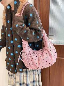 韩版时尚小众设计波点饺子包，女士时尚百搭通勤休闲外出褶皱抽绳单肩斜挎包 - 粉色 - 查看 2