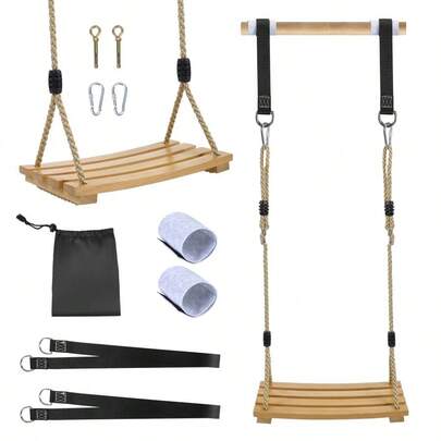 Wooden Swing Seat,Nostalgic Outdoor Wood Swing, Tree Straps Set Accessories For Backyard Patio Garden Playground, Height Adjustable