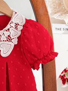 Young Girls' Valentine's Day Solid Color Heart Ruffle Collar Puff Sleeve Dress - Red - View 5