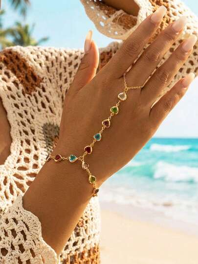 1pc Bohemian Style Colorful Crystal Heart Chain Linked Finger Ring Bracelet, Suitable For Daily, Date, Vacation Wear, Gift For Friends, Girlfriend, Valentine's Day