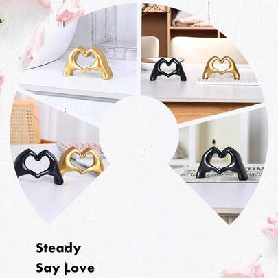 Hjärtformad guldskulptur i dekor (svart, guld), estetisk konst, dekorativ kärlekshandskulptur, lämplig för vardagsrum, sovrumsbokhylla, soffbord, dekorativ bordskonst, symbol för kärlek, heminredning, nyckelhållare, ringhållare, frieripresent, multifunktionell present för vardagliga tillfällen och heminredning