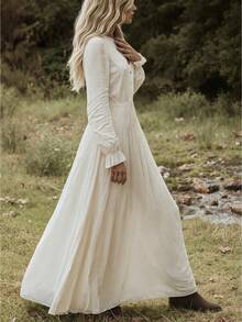 Bohemian High Waist Floral Lace Maxi Dress With V-Neck And Flowy Sleeves Elegant - Apricot - View 5