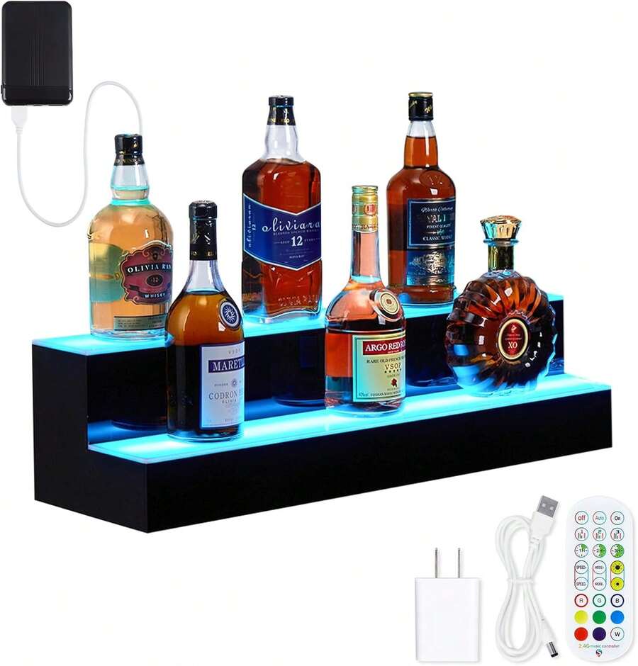 Estante Exhibidor de Botellas de Licor con LED, Estante de Bar Iluminado con Control Remoto y App, 16 Colores y 4 Modos, Soporte de Acrílico para Botellas de Licor - Rectángulo de 2 pasos de 40 pulgadas - Ver 1