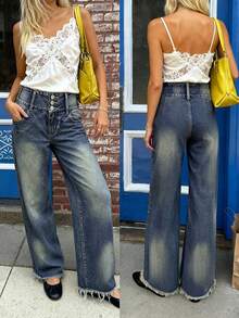 Jeans rectos de tiro bajo lavados para mujer, de corte holgado, casuales para ir al trabajo y uso diario, Día de San Valentín - Azul desgastado - Ver 7