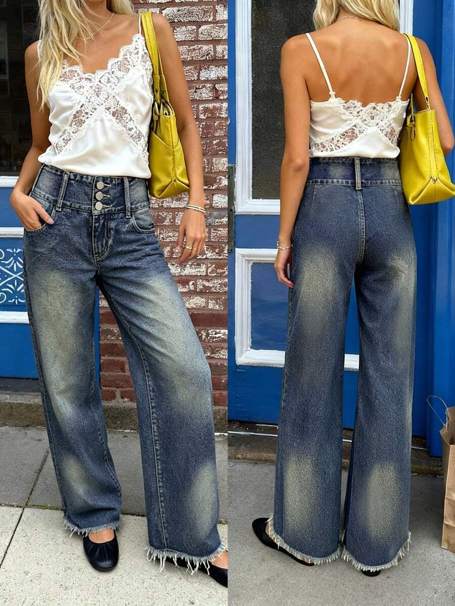 女士低腰直筒水洗牛仔裤，宽松版型，休闲通勤日常穿着，情人节礼物 - 做舊藍 - 查看 1