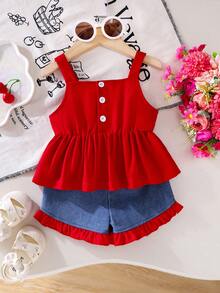 2pcs Baby Girl Outfit: Bow Tie Waist Button Back Camisole Top And Contrast Color Ruffle Trim Denim Shorts Set - Red - View 4