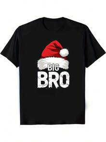 2026 Camiseta Gráfica Divertida de Navidad para Hombre Big Brother (BIG BRO) - Camiseta de Cuello Redondo de Algodón Pesado de 180gsm con Gorro de Santa - Negro - Ver 1