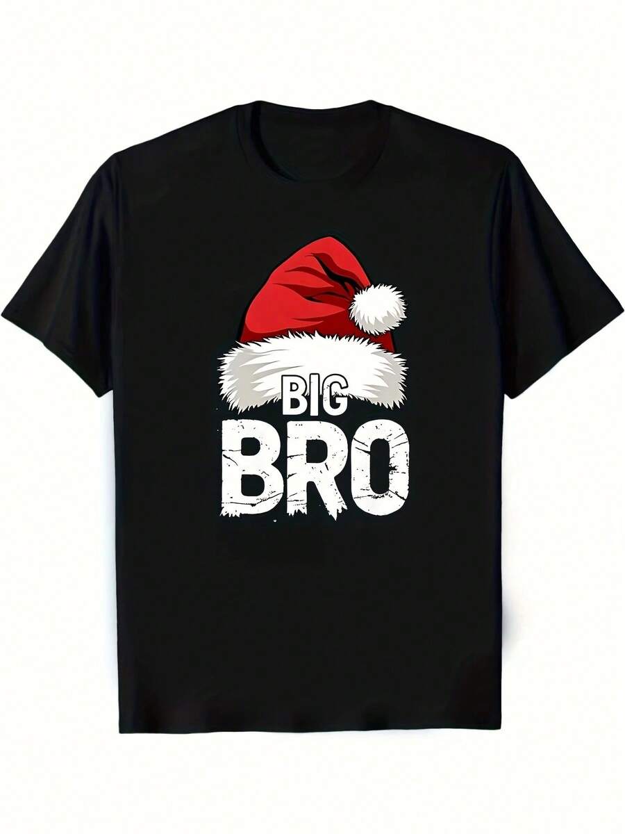 2026 Camiseta Gráfica Divertida de Navidad para Hombre Big Brother (BIG BRO) - Camiseta de Cuello Redondo de Algodón Pesado de 180gsm con Gorro de Santa - Negro - Ver 1