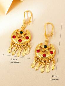 一对复古新月星形流苏耳环，镶嵌彩色水钻，适合女性日常及派对佩戴 - 金黃色 - 查看 4