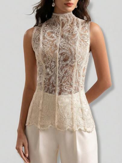 Sedessea Aliao 佩斯利刺绣薄纱浪漫无袖网纱拼接吊带背心，优雅性感女士上衣，雪纺衬衫，夏季穿搭，适合通勤、度假、浪漫约会和婚礼季，露肩上衣