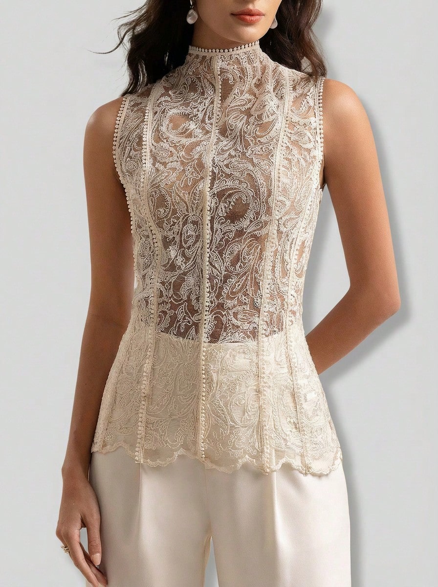 Sedessea Aliao 佩斯利刺绣薄纱浪漫无袖网纱拼接吊带背心，优雅性感女士上衣，雪纺衬衫，夏季穿搭，适合通勤、度假、浪漫约会和婚礼季，露肩上衣 - 杏色 - 查看 1