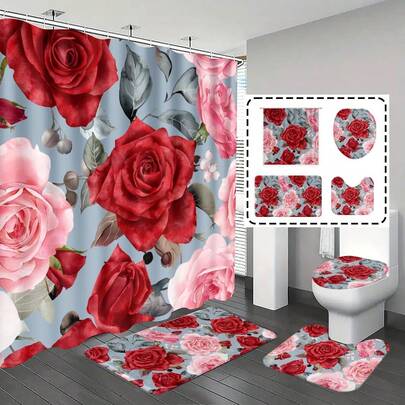 【热门之选】1件/4件套，浴室浴帘，浴室套装，浴帘套装，浴帘，浴室装饰，浴室地毯，家居装饰，浴室垫，浴室地垫，红粉玫瑰图案，礼物，主题装饰，浴室套装，包含12个挂钩。