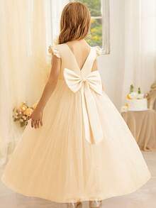 Young Girl High-End Cap Sleeve Backless Hollow Pearl Detachable Bow Princess Tulle Dress, Suitable For Teenager Flower Girl Wedding Party Formal Occasion - 香檳色 - 查看 9
