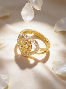 1枚18K镀金镶嵌锆石3D立体精美圣母玛利亚圣像可调节戒指，时尚宗教文化魅力饰品，女士佩戴