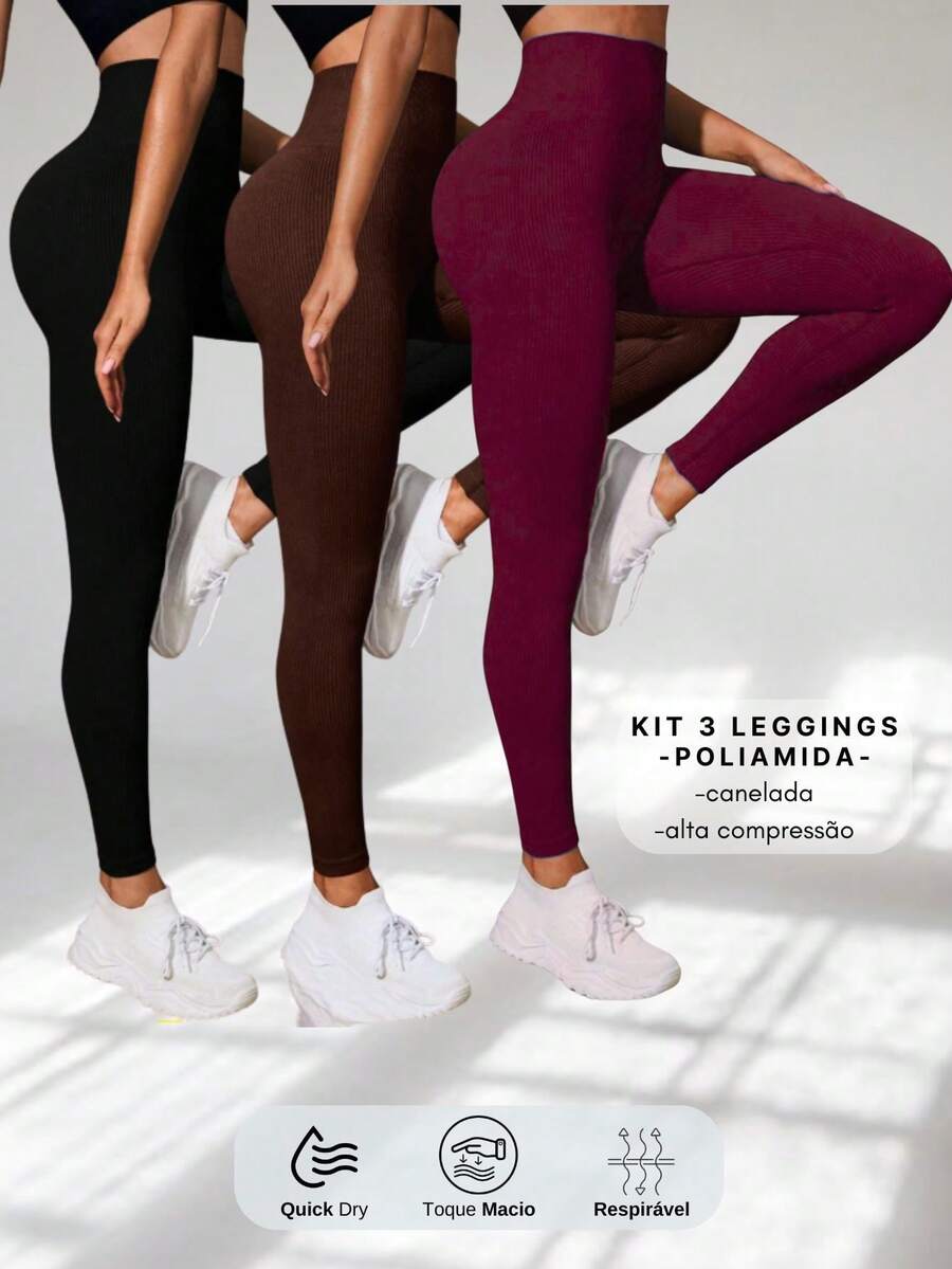 Set Of 3 Ribbed High-Waisted Leggings In High-Compression Polyamide - Pto/Cafe/Wine - View 1