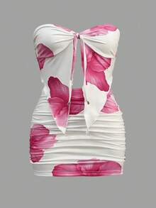 Women's Floral Set, Sensual, Coated Fabric, Wrinkled, Asymmetrical, Knot. - Hot Pink - View 5