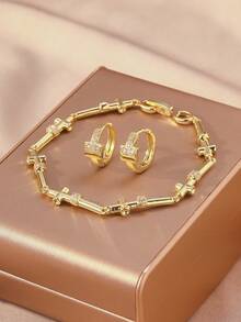 Women's Gold Cross Jewelry Set - Cubic Zirconia Bracelet And Hoop Earrings, Fashionable Faith-Inspired Everyday Accessories - Gold - View 1