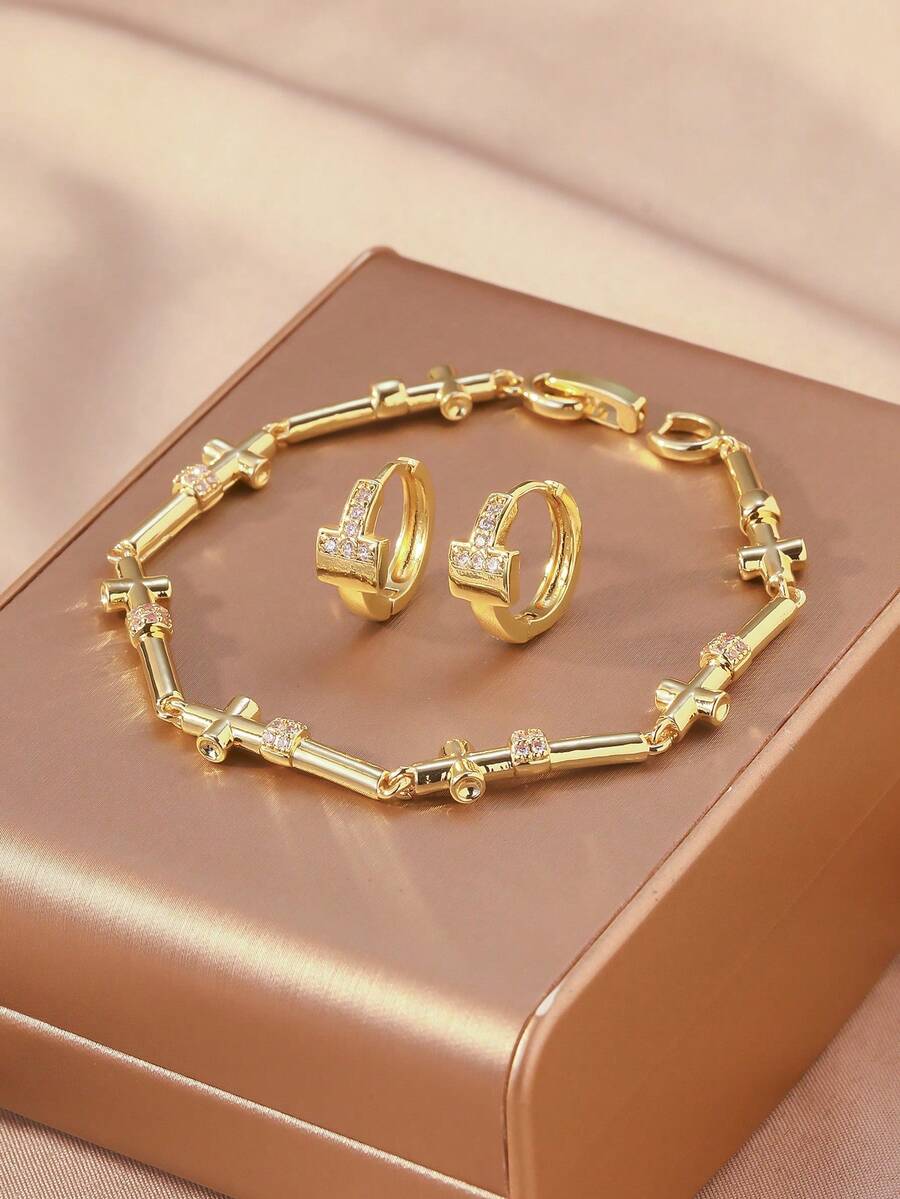 Women's Gold Cross Jewelry Set - Cubic Zirconia Bracelet And Hoop Earrings, Fashionable Faith-Inspired Everyday Accessories - Gold - View 1