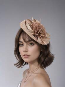 1pc Floral Print Solid Color Elegant Polyester Feather Fascinator Hat, Suitable For Wedding, Holiday Party, Tea Party, Christmas, Easter, Racing Event, Bachelorette Party