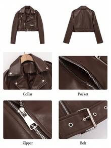 Women Faux Leather Cropped Jacket Lapel Zipper Biker Short Bomber Moto Coat With Belt - Reddish Brown - View 6
