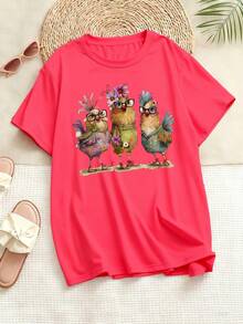 Women's T-Shirt Three Fancy Chickens With Glasses And Flowers Easter Costume St Patrick's Day Outfit Carnival Wear Holiday Clothing Gift Idea - 粉色 - 查看 3