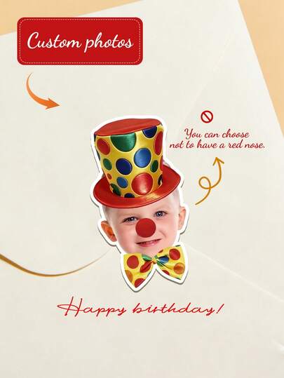6/12/24pc Custom Personalized Face Photo Clown Themed Stickers, Customized Face, Clown Hat/Red Nose/Tie Design Stickers, Perfect For Circus Themed Birthday Party Decoration, Clown Themed Milestone Party Decoration Stickers, Party Event Decoration Supplies