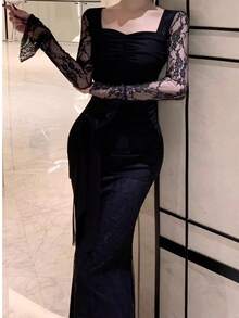 Women's Elegant Fitted Black Lace Patchwork Vintage Style Formal Dress, Suitable For Spring/Summer, Birthday Party, Ball Wedding - Black - View 9