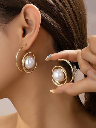 1 par de pendientes de botón con diseño geométrico en espiral con incrustaciones de perlas, elegante y vintage, adecuado para uso diario
