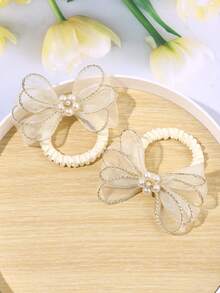 2个米色网纱发圈，女童珍珠水钻装饰发圈，亮面弹力发带，优雅发圈，派对日常节日马尾辫发圈，青少年发饰 - 米色 - 查看 4